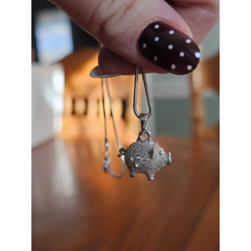 Crystal Gem Cute 3D Pig Necklace, Piggy‎ Lover Charm Piglet Pendant Silver
